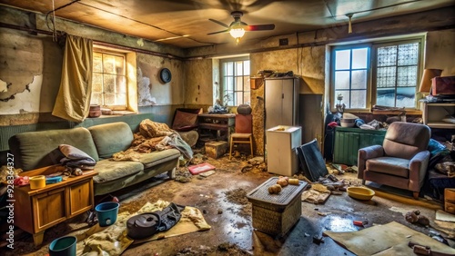 Cluttered, dimly lit space with worn-out furniture, stained carpet, and dirty walls, filled with scattered trash, broken appliances, and unnecessary items. photo