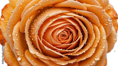 Orange rose with water drops  close-up from above, on white fresh orange Roz, photo