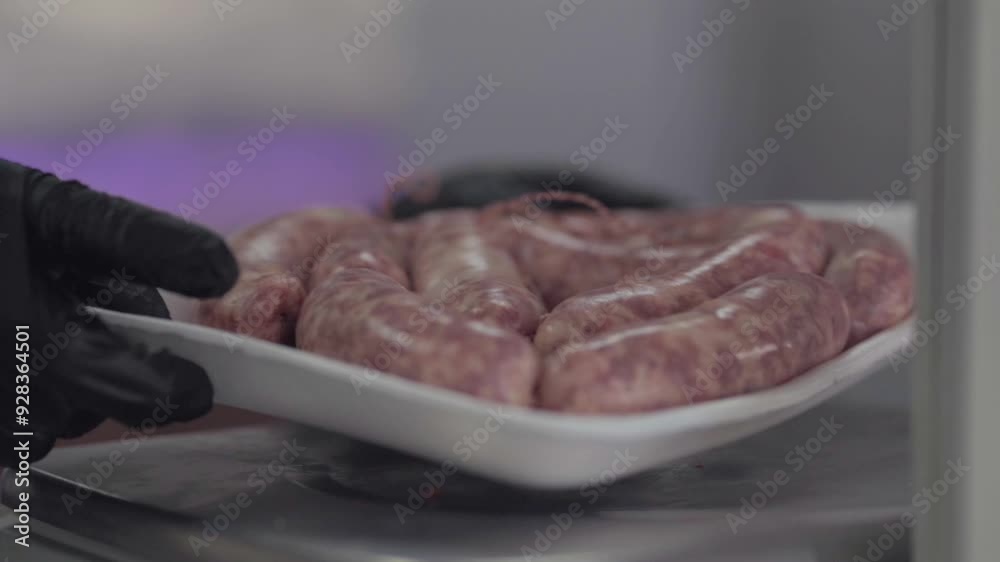 Close-up of tray of artisanal sausages on counter of grocery supermarket. Traditional food recipe. Argentina. Close-up of tray of artisanal sausages on counter of grocery supermarket. Traditional food recipe. Argentina.