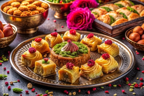 Colorful assortment of traditional Middle Eastern desserts, including baklava, ma'amoul, and kunafeh, adorned with pistachios and rose petals on an ornate silver platter. photo