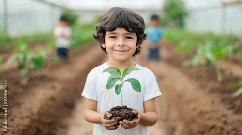 Boy holding a seedling in soil with a smile in a garden photo