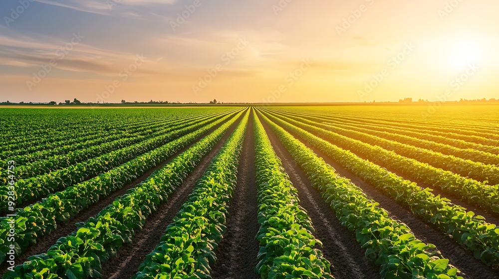 Vibrant green crop field with rows of plants at sunrise Vibrant green crop field with rows of plants at sunrise