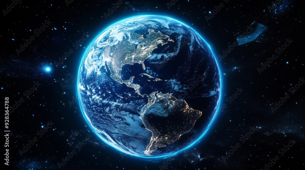 Fototapeta premium Earth from space at night with a blue glow around the planet.