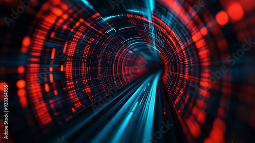 Futuristic tunnel with red and blue glowing lights photo