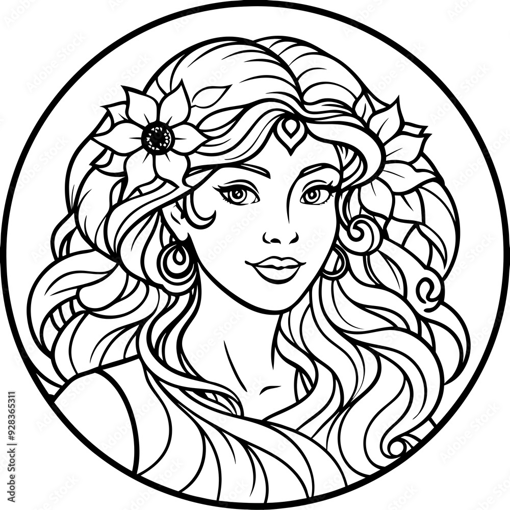 single line art a Graceful Woman with Flowing Hair and Floral Accents in Art Nouveau Style, generative AI. single line art a Graceful Woman with Flowing Hair and Floral Accents in Art Nouveau Style, generative AI.