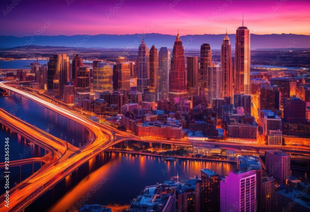 Fototapeta premium vibrant city skyline sunset illuminated dazzling lights reflecting evening sky, aesthetic, architecture, beautiful, breathtaking, bright, captivating