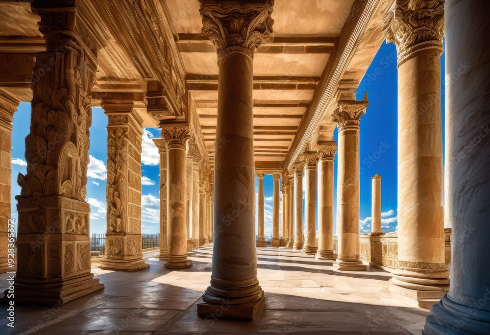 Fototapeta premium timeless architectural columns standing majestically vivid blue sky fluffy white clouds, skyline, formations, design, structure, historic, architecture