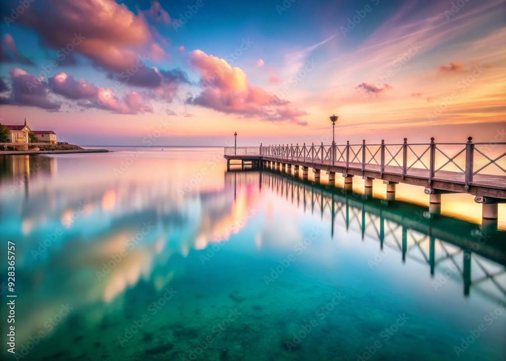 Obraz premium peaceful morning Balluta Bay soft pink hues calm turquoise water symmetrical composition reflections pier lines minimalism serene atmosphere gentle ripples