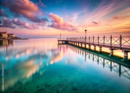 Wallpaper Mural peaceful morning Balluta Bay soft pink hues calm turquoise water symmetrical composition reflections pier lines minimalism serene atmosphere gentle ripples Torontodigital.ca