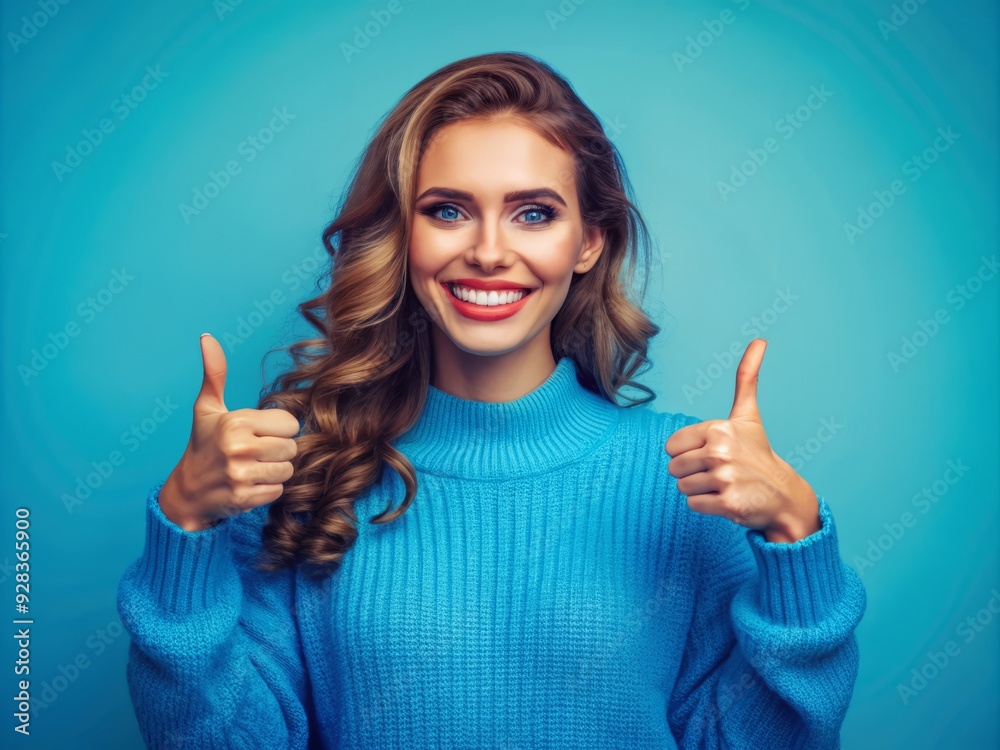 Confident young woman in a blue sweater gives a thumbs up and a wink, celebrating success or achievement against a bright blue background. Confident young woman in a blue sweater gives a thumbs up and a wink, celebrating success or achievement against a bright blue background.