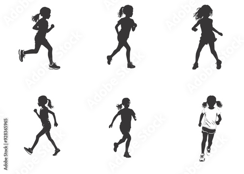 Running kid child silhouettes set