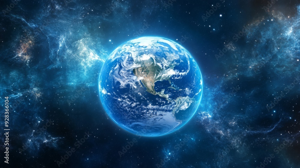 A vibrant blue Earth glows against a dark starry background, with clouds and landmasses visible. A vibrant blue Earth glows against a dark starry background, with clouds and landmasses visible.