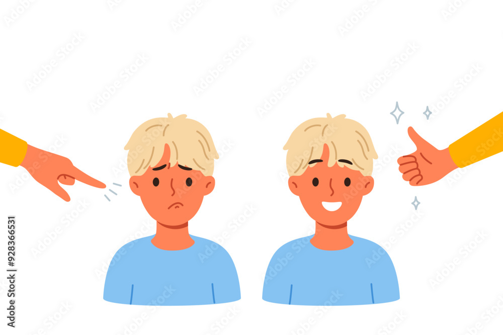 Different approaches to raising child, and use of praise or blame in form of gestures. Process of raising boy who loves positive attitude and gets upset because of reproaches that violate child psyche