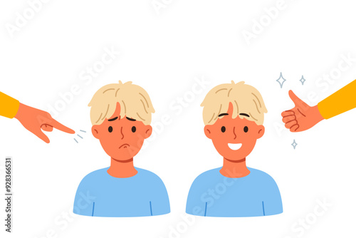 Different approaches to raising child, and use of praise or blame in form of gestures. Process of raising boy who loves positive attitude and gets upset because of reproaches that violate child psyche