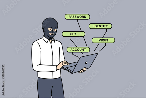 Man hacker hacks website through laptop, standing in mask hiding face to remain anonymous. Anonymous hacker creates spy virus to crack account passwords and steal bank card numbers