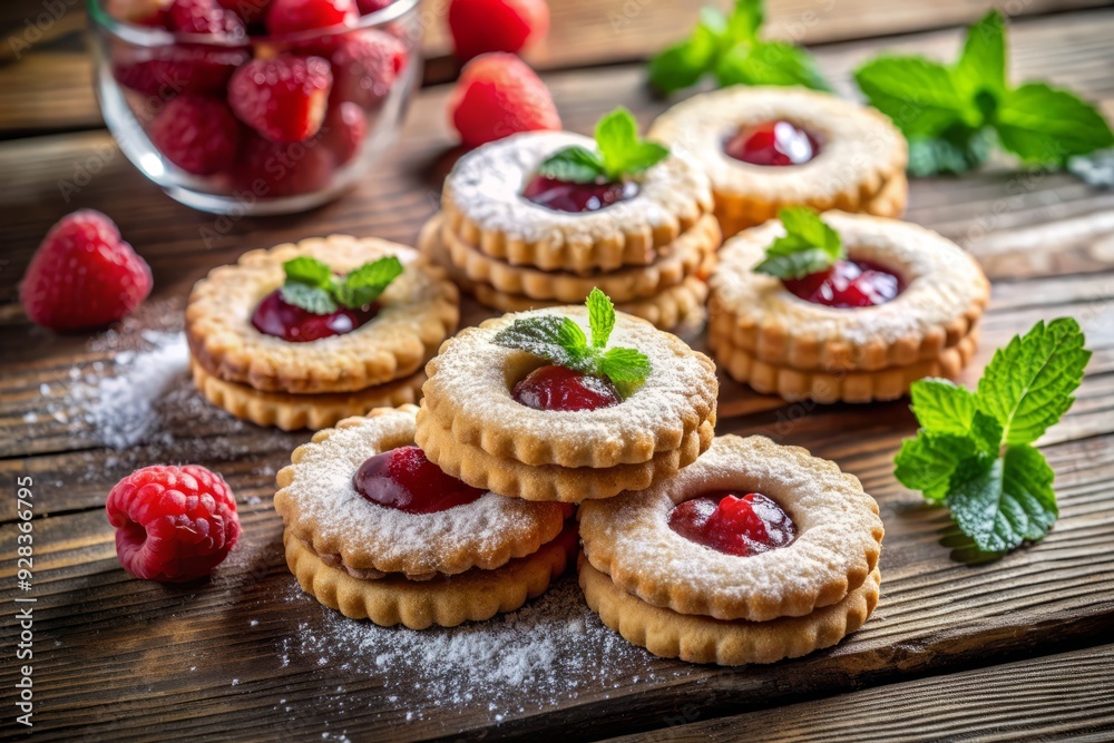 Delicate, crumbly Linzer biscuits filled with vibrant red raspberry jam, elegantly arranged on a vintage wooden table, surrounded by fresh raspberries and mint leaves. Delicate, crumbly Linzer biscuits filled with vibrant red raspberry jam, elegantly arranged on a vintage wooden table, surrounded by fresh raspberries and mint leaves.
