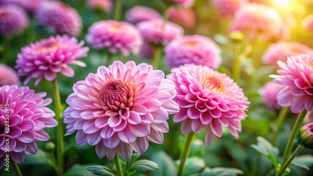 Delicate pink chrysanthemum flowers bloom in a lush garden bed, surrounded by vibrant green leaves and soft focus background, exuding serenity and elegance. Delicate pink chrysanthemum flowers bloom in a lush garden bed, surrounded by vibrant green leaves and soft focus background, exuding serenity and elegance.