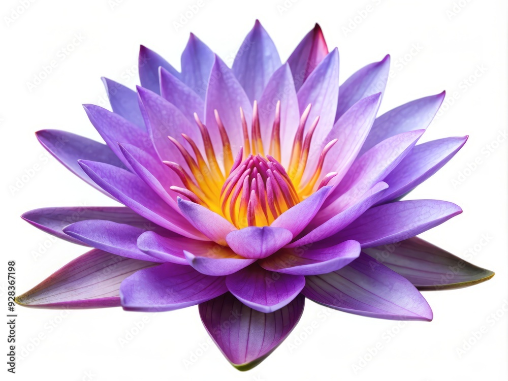 Fototapeta premium Delicate purple water lily flower blooms in serene isolation on a pure white background, accentuating its intricate beauty and tranquility.