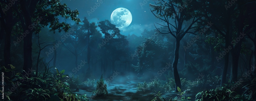 Fototapeta premium Night scene in a moonlit forest, 4K hyperrealistic photo