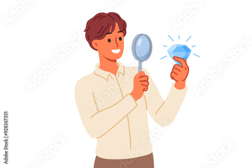 Business man with diamond and magnifying glass, for concept of opportunity and luck in career. Diamond in hand of positive jeweler enjoying work and studying gemstone that promises great profit