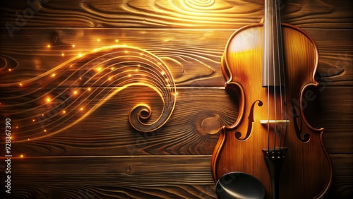 intricate outline of violin's neck and scroll against rich brown woodgrain background with warm golden lighting and subtle reflections at night