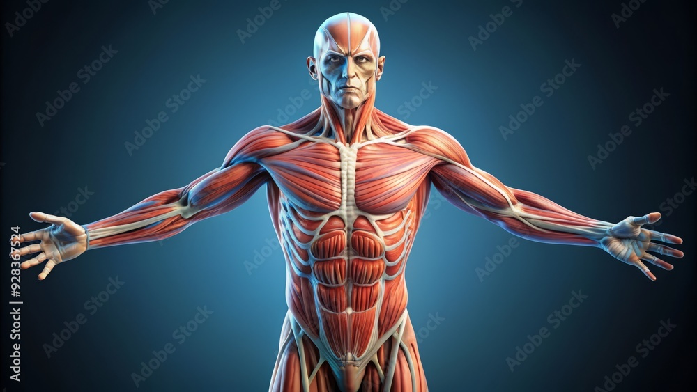 Obraz premium Detailed illustration of the human muscular system, showcasing intricate network of muscles, tendons, and ligaments in the body's skeletal framework.