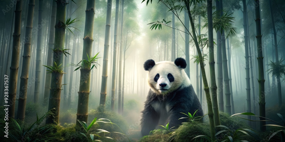 Fototapeta Mysterious fog enveloping panda bear and bamboo forest with muted earthy tones and eerie silence