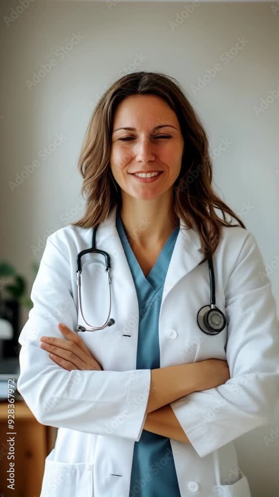 Smiling female doctor with arms crossed in clinic, vertical shot Smiling female doctor with arms crossed in clinic, vertical shot