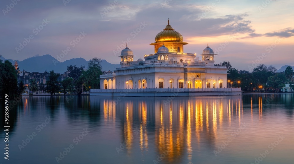 Fototapeta premium Sacred Sikh gurdwara with its golden dome illuminated by the soft light of evening, surrounded by peaceful waters and gardens