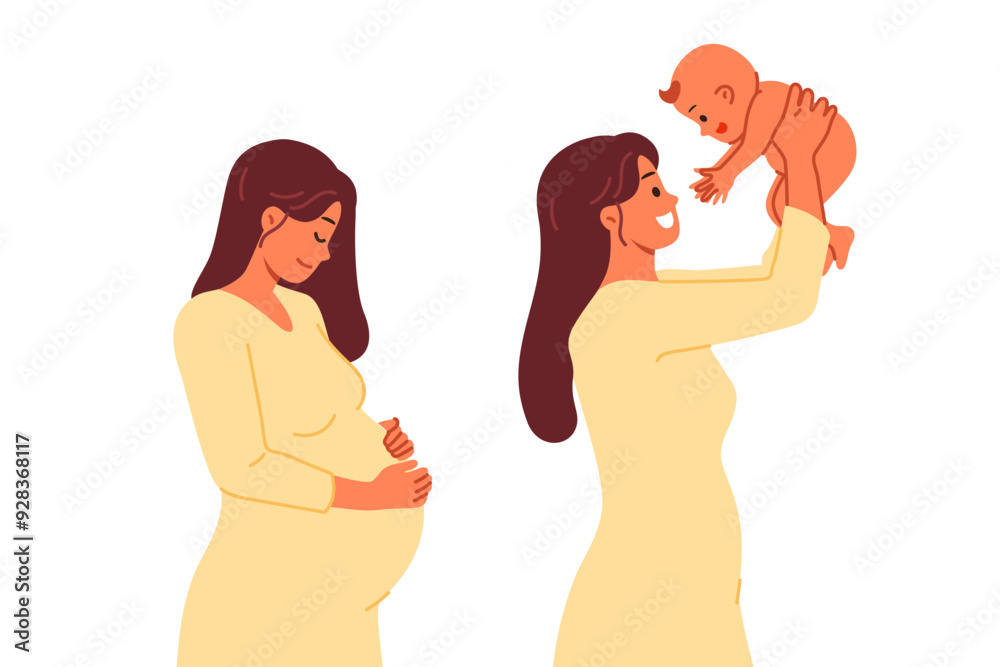 Pregnant woman gives birth to baby and rejoices in motherhood, posing before and after childbirth. Positive lonely girl is happy thanks to motherhood and opportunity to babysit newborn