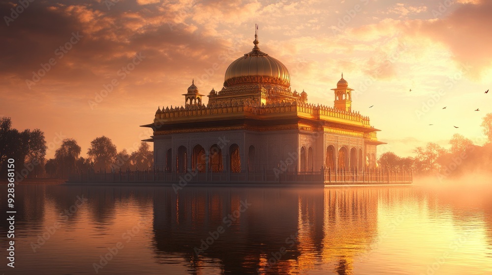 Obraz premium Sacred Sikh gurdwaras golden dome bathed in morning light, symbolizing purity, spirituality, and divine grace