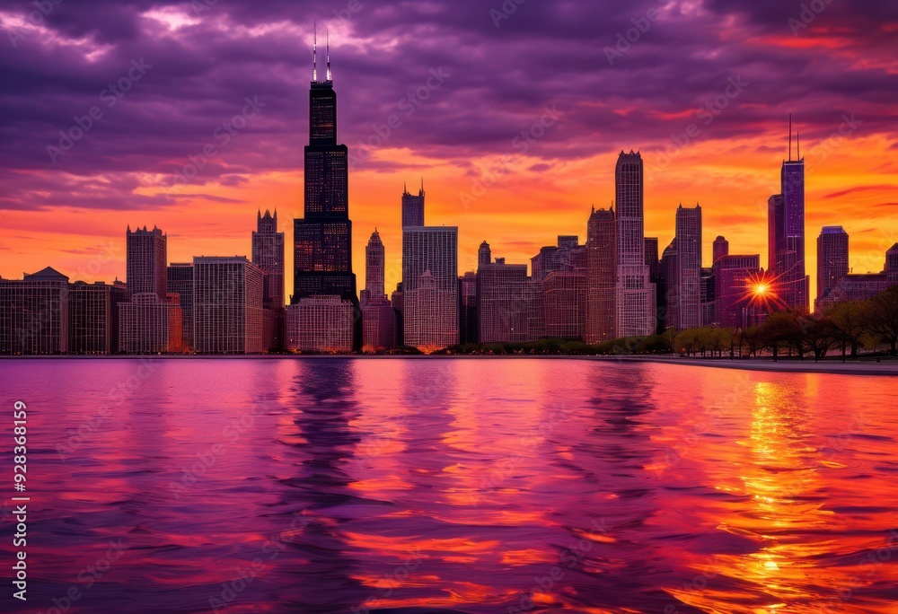 vibrant chicago skyline dusk colorful reflections water creating stunning urban landscape, buildings, architecture, city, lights, horizon, night, scenery, lake vibrant chicago skyline dusk colorful reflections water creating stunning urban landscape, buildings, architecture, city, lights, horizon, night, scenery, lake