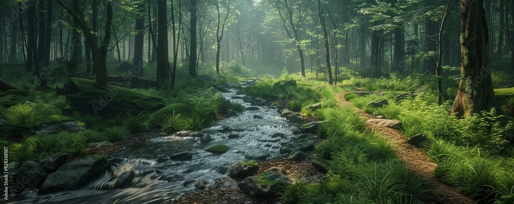 Forest path with a gentle stream, 4K hyperrealistic photo Forest path with a gentle stream, 4K hyperrealistic photo