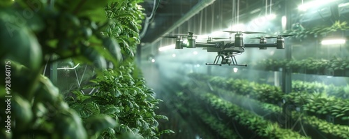 Futuristic agriculture with vertical farms and drones, 4K hyperrealistic photo