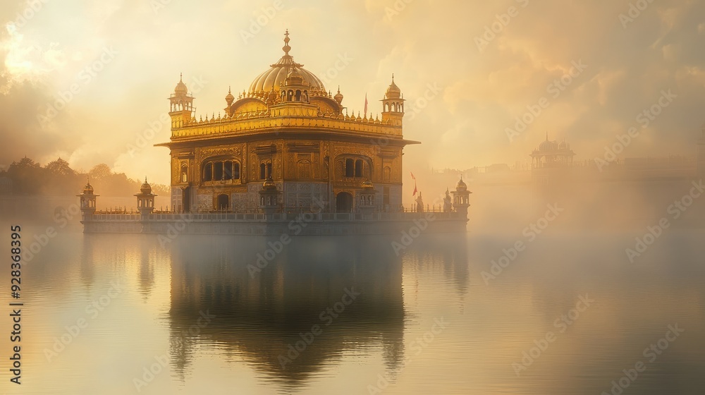 Obraz premium Sacred Sikh gurdwara golden dome seen through a soft mist, with reflections in the surrounding water creating a peaceful, divine scene