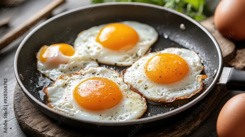 Three fried eggs in a large pan, with one yolk broken and mixing into the whites, creating a dynamic breakfast scene. Three fried eggs in a large pan, with one yolk broken and mixing into the whites, creating a dynamic breakfast scene.