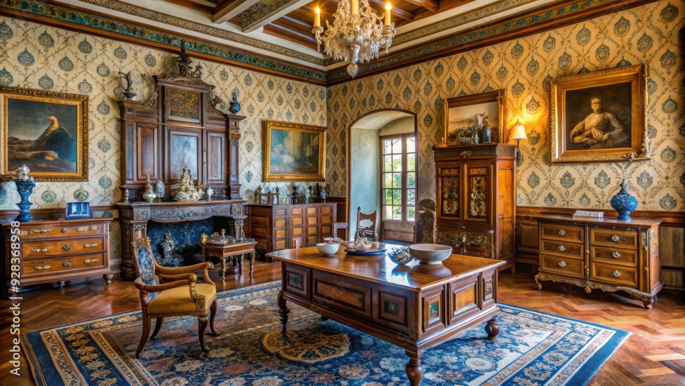 Elegant interior of a 19th-century Romanticist castle in Portugal's Riviera, featuring ornate wooden furniture, antique chest, and decorative plates in a historic office setting. Elegant interior of a 19th-century Romanticist castle in Portugal's Riviera, featuring ornate wooden furniture, antique chest, and decorative plates in a historic office setting.
