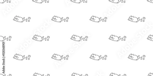 cat seamless pattern fluffy kitten jumping cloud calico neko toy vector cartoon pet doodle tile background gift wrapping paper repeat wallpaper scarf isolated illustration design