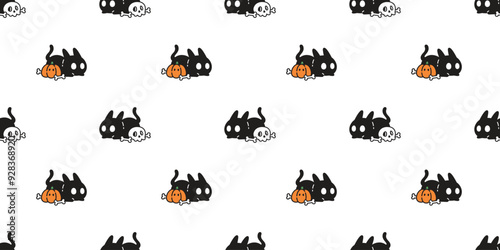 cat seamless pattern halloween pumpkin skull bone cartoon black kitten calico doodle pet tile background gift wrapping paper repeat wallpaper illustration