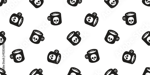 coffee cup seamless pattern Halloween skull crossbones vector cartoon character poison doodle gift wrapping paper tile background repeat wallpaper scarf isolated illustration design