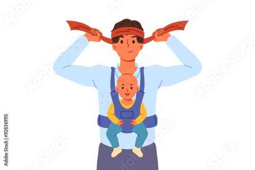 Man super father with baby in arms, tying bandage on head and preparing to raise son on own. Businessman father wants to work and raise child at same time, due to absence of mother and nanny for baby