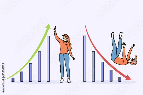 Woman courier near rising and falling graph symbolizing changing trends in logistics business. Courier girl falls after onset of crisis and decrease in flow of customers from online stores