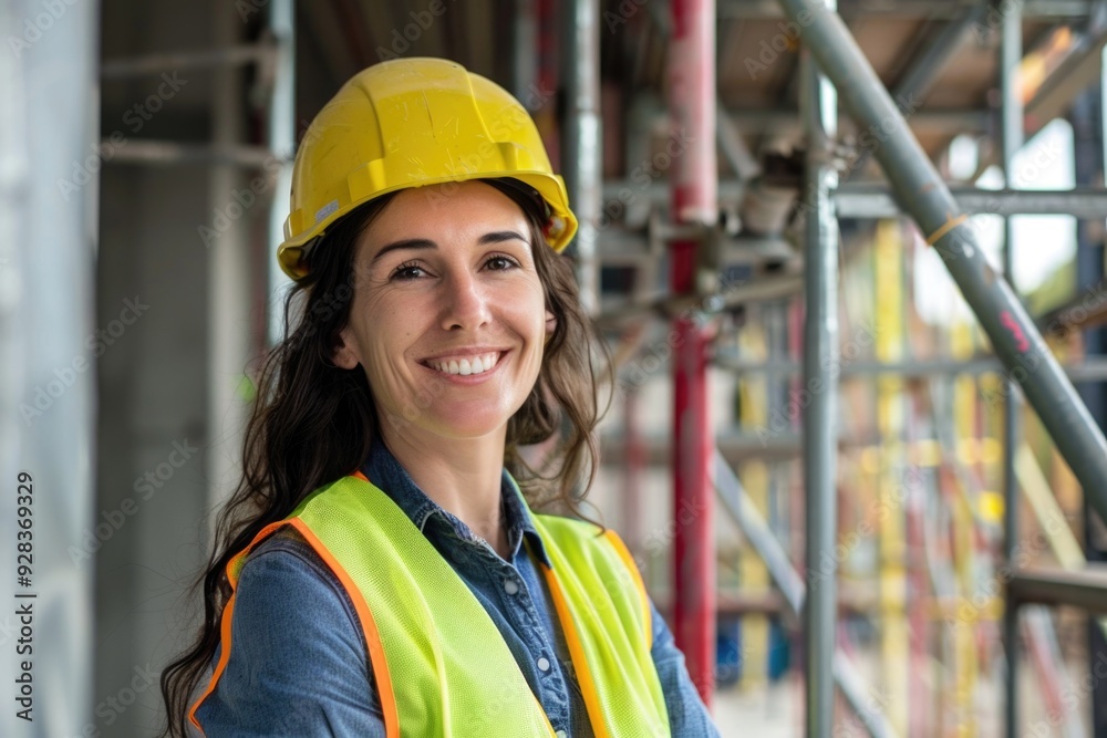 Happy Female Construction Worker in Yellow Safety Helmet and Vest at Building Site Happy Female Construction Worker in Yellow Safety Helmet and Vest at Building Site