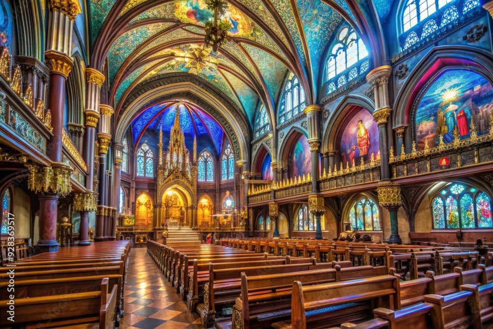 Fototapeta premium Elegant stained-glass windows and intricate wooden carvings adorn the vibrant interior of a historic minor basilica in Montreal's charming Old District.