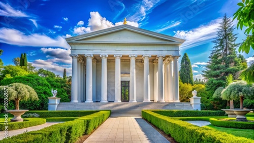 Elegant temple with intricately designed white stone façade and stately columns set against a vibrant blue sky with lush greenery surroundings.