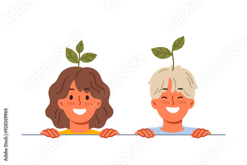 Happy children with plants sprouting from heads, smiling showing commitment to caring for environment. Concept of growing kids thinking about environment and sustainable development of planet