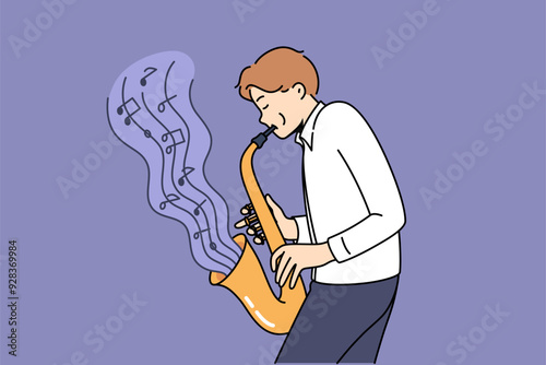 Man masterfully plays jazz composition on saxophone, blowing notes from musical instrument. Talented guy plays saxophone, thanks to excellent hearing and talent, helps entertain people