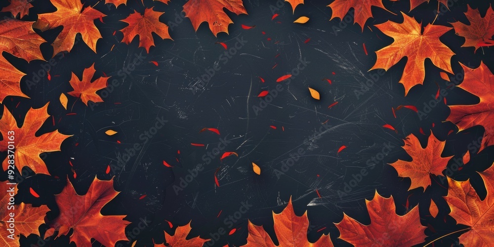 Red and orange leaves scattered on a dark surface, perfect for autumn or Halloween themed designs Red and orange leaves scattered on a dark surface, perfect for autumn or Halloween themed designs