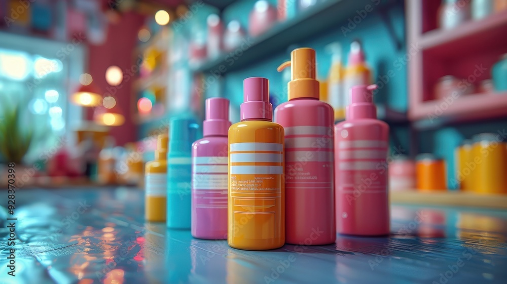 Vibrant collection of colorful cosmetic bottles showcasing modern design and branding in a stylish salon environment. Vibrant collection of colorful cosmetic bottles showcasing modern design and branding in a stylish salon environment.