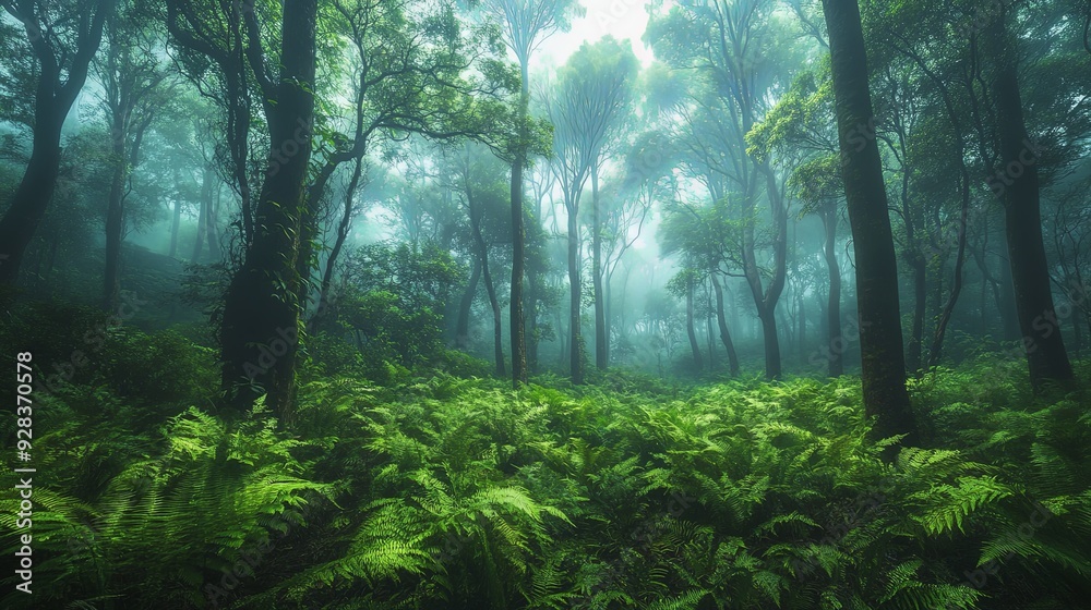Obraz premium Enchanting Foggy Forest with Lush Ferns